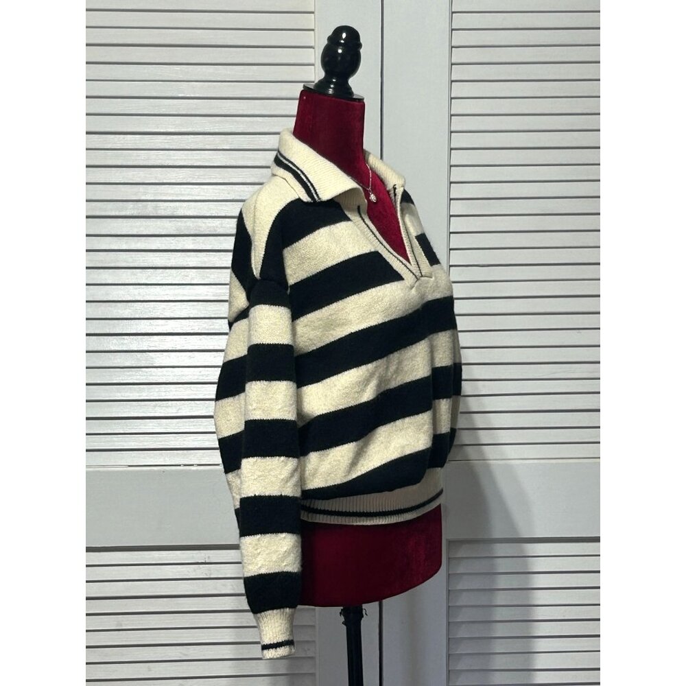 Frnch Paris Women's Black Cream Mika Striped Collared Crop Sweater Size S 3079 - Picture 3 of 12